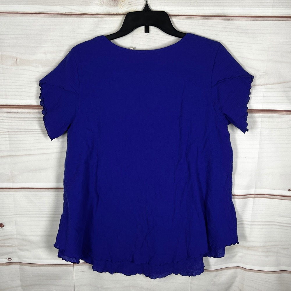 Soft Surroundings Blouse Womens Large Blue Solid Cotton Gauze Layered Hem Top - Picture 8 of 9